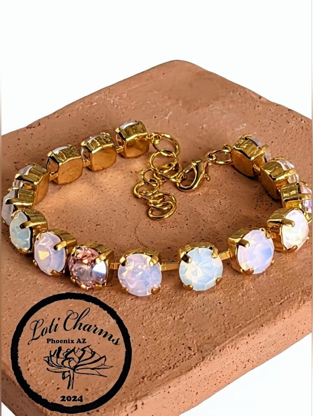Rose Pink Opal & Pink Opal AB Swarovski Crystal Bracelet In Gold Plated
